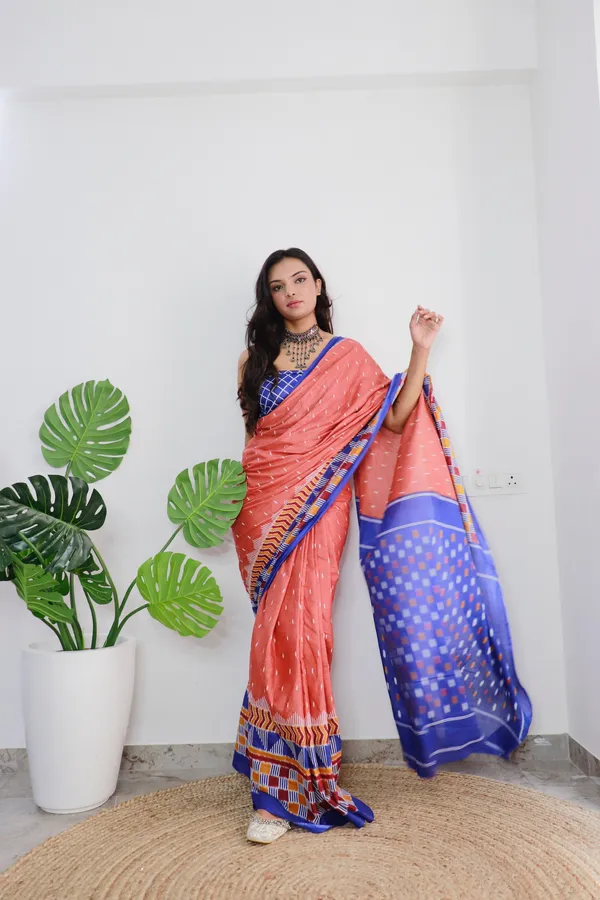 HANDICRAFT_WOMEN'S_Ikkat_PRINT_PURE_SOFT_COTTON_SAREE_WITH_BLOUSE_PIECE_With_Blouse_Piece